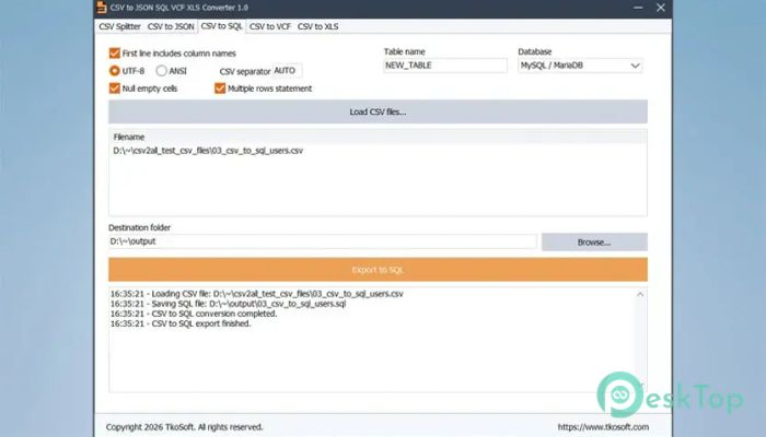 TkoSoft CSV to JSON SQL VCF XLS Converter