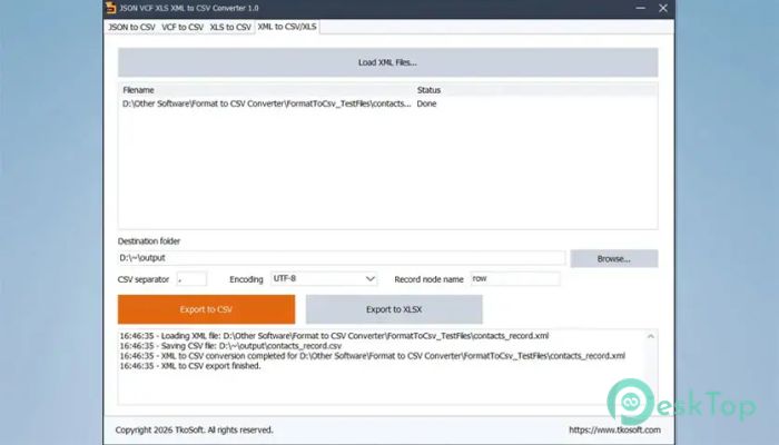 TkoSoft JSON VCF XLS XML to CSV Converter