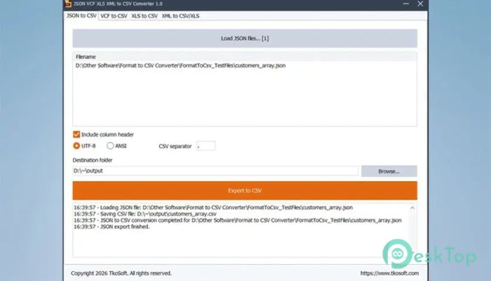 TkoSoft JSON VCF XLS XML to CSV Converter