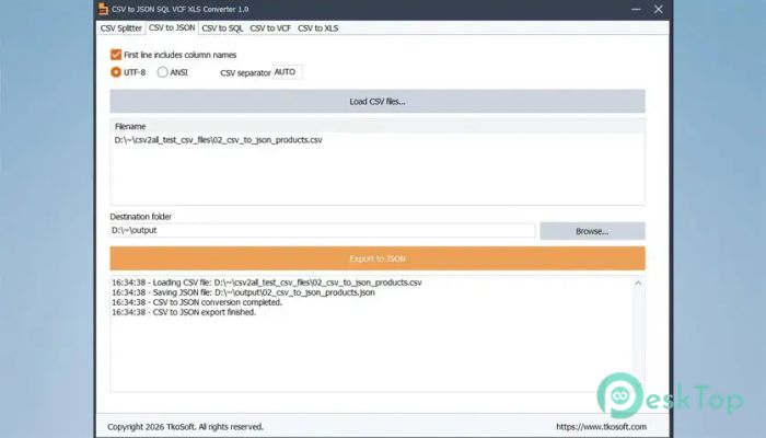 TkoSoft CSV to JSON SQL VCF XLS Converter